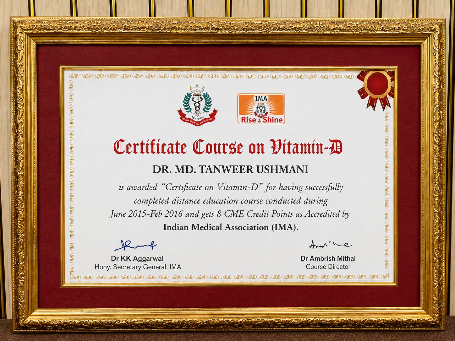 Indian Medical Association Certificate Course on Vitamin-D awarded to Dr. Md. Tanweer Usmani