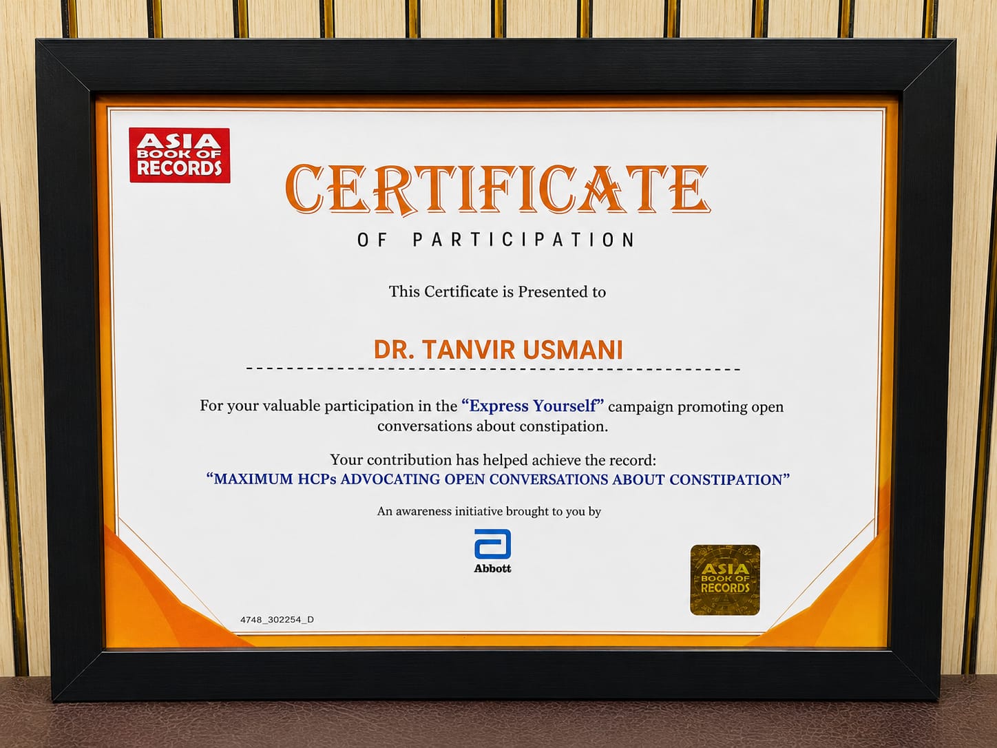 Asia Book of Records certificate of participation awarded to Dr. Md. Tanweer Usmani