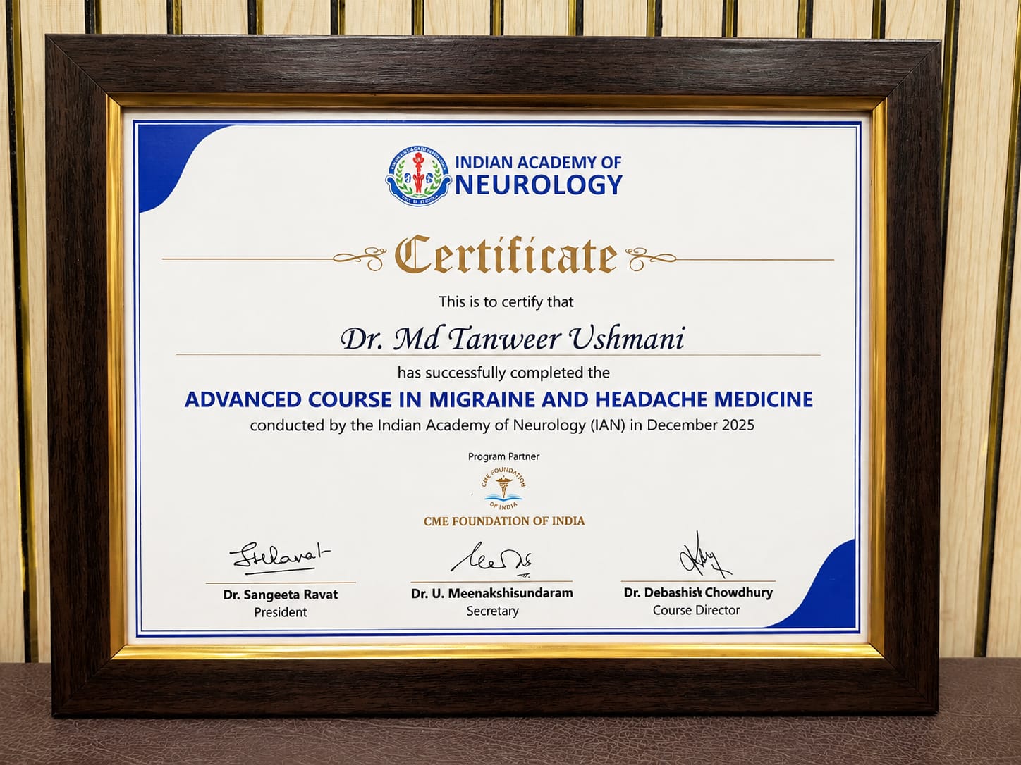 Indian Academy of Neurology certificate — Advanced Course in Migraine and Headache Medicine awarded to Dr. Md. Tanweer Usmani